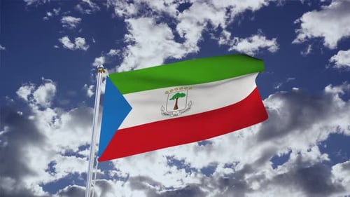 Equatorial Guinea Flag Waving in a Realistic Cloudy Sky