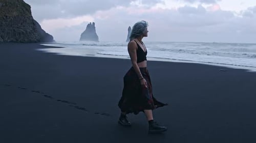 Black Sand Beach Girl With Blue Hair