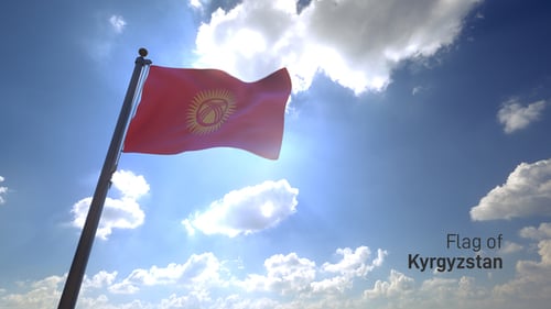 Kyrgyzstan Flag Waving in Sunny Sky with Clouds