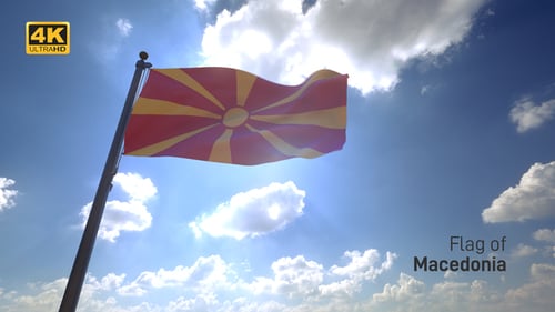 North Macedonia Flag Waving on Sunny Cloudy Day