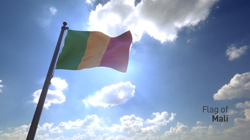 Guinea Flag Waving Against Blue Sky with Sun Flare
