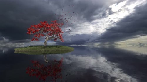 Tree with Red Leaves on Island, Falling Particles Animation
