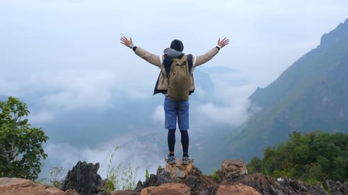 Hiker Cheer On The Top Of Mountain