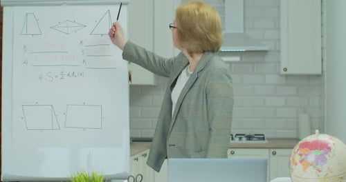 Woman Teacher Tutor Stands Near Flip Chart Greets Talk Speaks Listen Students Remote Video Call Chat