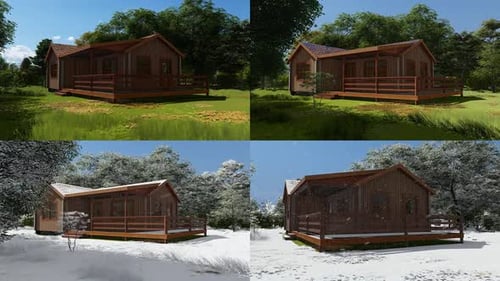 Rotating 3D Wooden Cabin in Forest with Seasonal Transformations