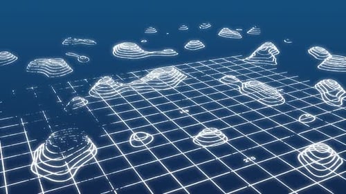 Animación de líneas montañosas blancas delgadas en movimiento en un mapa topográfico digital