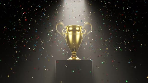 Golden metallic trophy cup on the platform in the colorful confetti rain. 4KHD