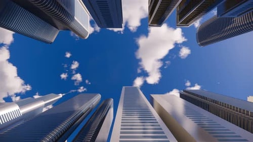 Render 3D de una ciudad brillante abstracta con rascacielos. Formas simples de edificios