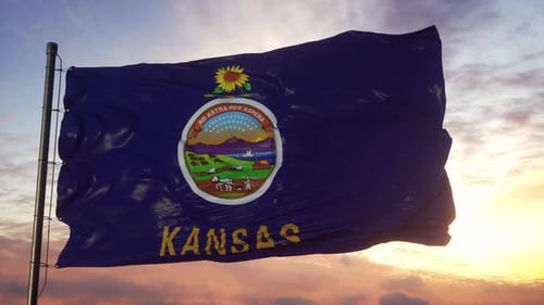 Kansas State Flag Waving at Sunset
