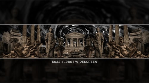 Classical Temple Statues with Abstract Cosmic Swirl