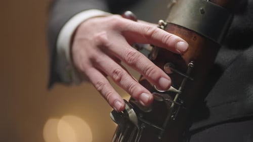 Musician is Playing Bassoon Closeup View of Hands Pressing Holes By Fingers Classic Music Instrument