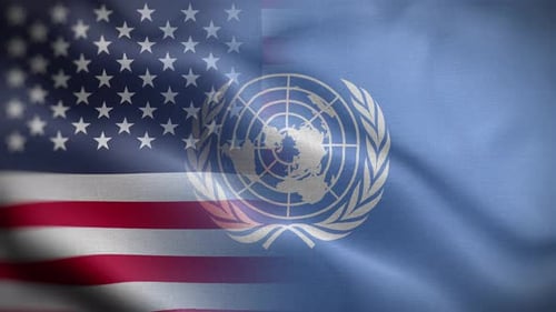 American and United Nations Flags Waving Together Motion Background