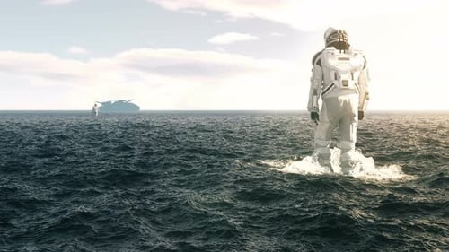 Astronaut Walking on Alien Ocean Surface in Sci-fi Exploration
