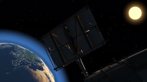Satellite Deploying Solar Panels in Orbit Around Earth