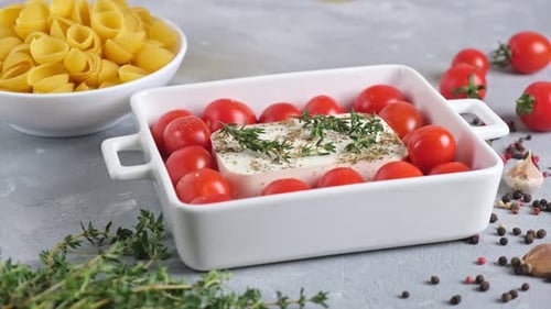 Preparing Mediterranean Feta Cheese and Tomatoes for Baking
