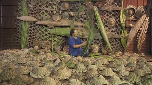 Woman Crafting with Reeds Indoors