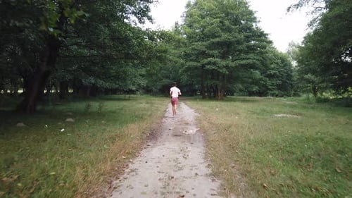 Young Caucasian male running in forest on a trail in summer. Man jogging cross country running on tr