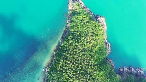 Paradise tropical island with green vegetation and beautiful coastline of cape surrounded by turquoi