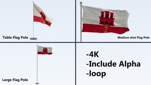 Gibraltar Flag Waving Animation on Pole with Alpha Channel