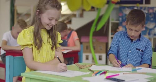 School Classroom Kids During an Art Class