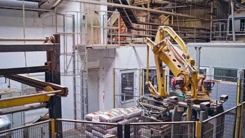 Industrierobotermaschine in der Fabrik. Moderner Roboter sammelt verpackte Gegenstände.