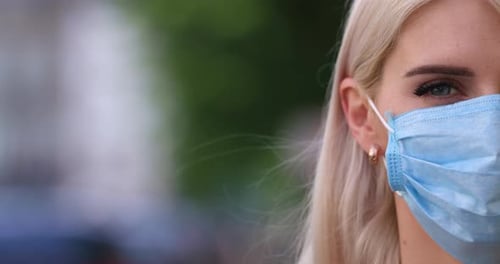 Close Up of Half Face of Upset Caucasian Young Woman in Medical Mask Looking Straight To Camera