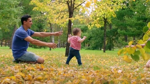 Infant's First Steps in an Autumn Park with Family