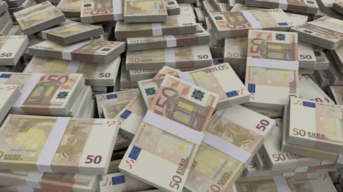 Falling Euro Banknotes Accumulating in a Pile