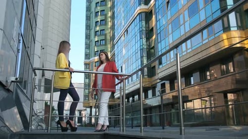 Two Business Women at Break, Talking on the Street.