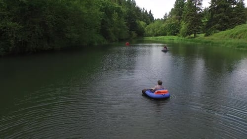 Aerial view of fly fishermen on lake