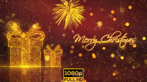 Merry Christmas Greeting with Golden Gifts and Snowflakes