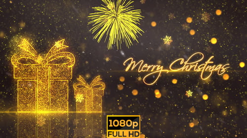 Sparkling Golden Merry Christmas Title with Gifts and Fireworks