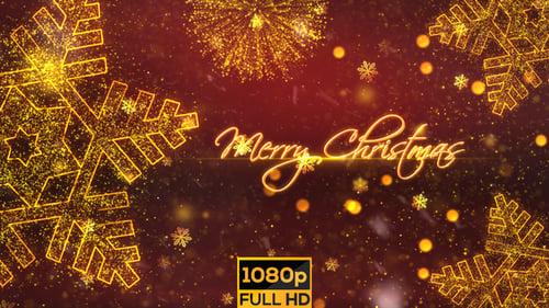 Glowing Merry Christmas Text with Golden Snowflakes and Particles