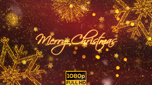 Glowing Merry Christmas Title with Golden Snowflakes and Fireworks