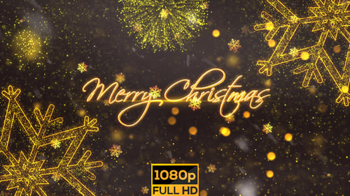 Golden Merry Christmas Title Reveal with Festive Snowflakes and Particles