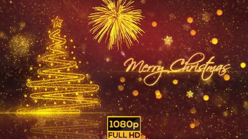 Glowing Christmas Tree and Merry Christmas Text with Falling Snowflakes