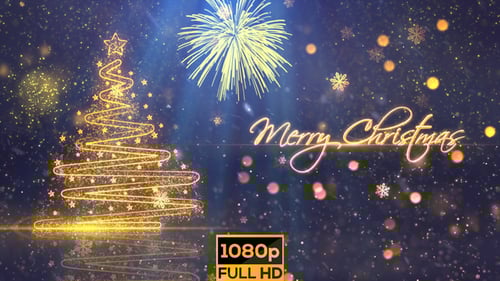 Glowing Merry Christmas Tree with Particle Fireworks Greeting