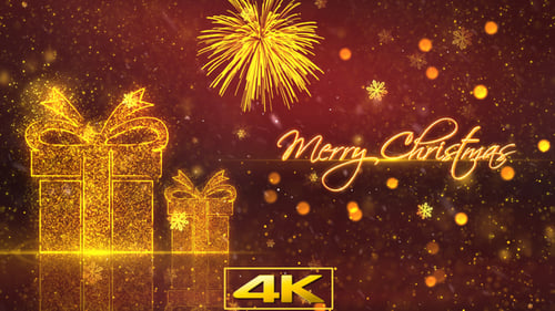 Glowing Christmas Gifts and Text Greeting with Fireworks
