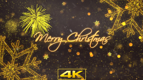 Golden Merry Christmas Text Reveal with Festive Snowflakes and Particle Effects