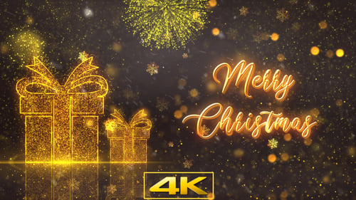 Sparkling Merry Christmas Title with Gold Gift Boxes