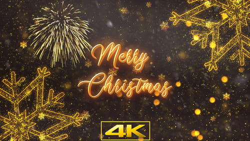 Elegant Golden Merry Christmas Title with Falling Snowflakes