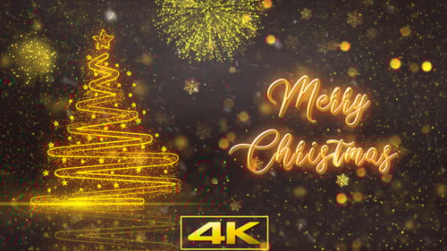 Golden Christmas Tree Greeting with Particle Fireworks