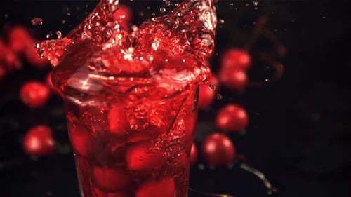 Super Slow Motion in a Glass of Juice Drops Cherry with Splashes