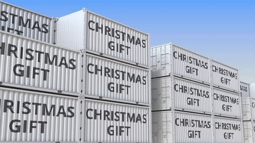 Containers with CHRISTMAS GIFT Text in a Container Terminal