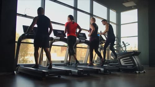 Fitness Couple Running on Treadmill Machine in Gym Club Together. Handsome Man Training Woman on Run