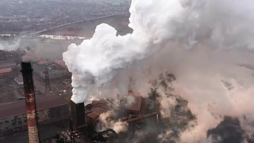 GLOBAL WARMING, View of High Chimney Pipes with Grey Smoke, Pipes Pollute Industry