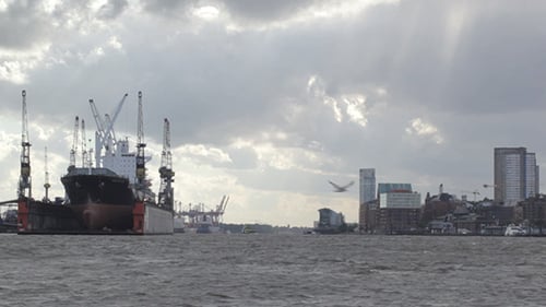 Harbor with Ships in Hamburg on a Cloudy Day