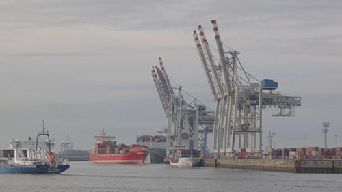 Large Cargo Ships and Cranes in Shipping Yard