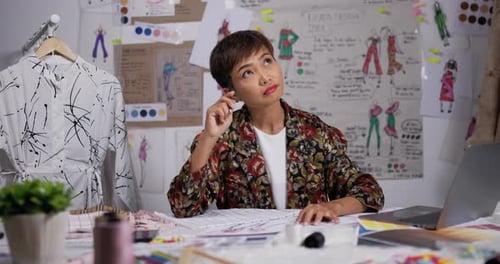 Portrait of Asian woman fashion designer draws a sketch of women's clothing