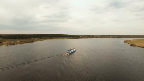 Cruise Ship on The River. Aerial View